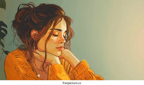 A thoughtful young woman with brown hair and brown eyes wearing an orange sweater