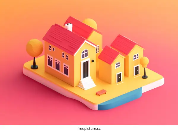 Low Poly 3D Illustration of Yellow Houses with Red Roofs