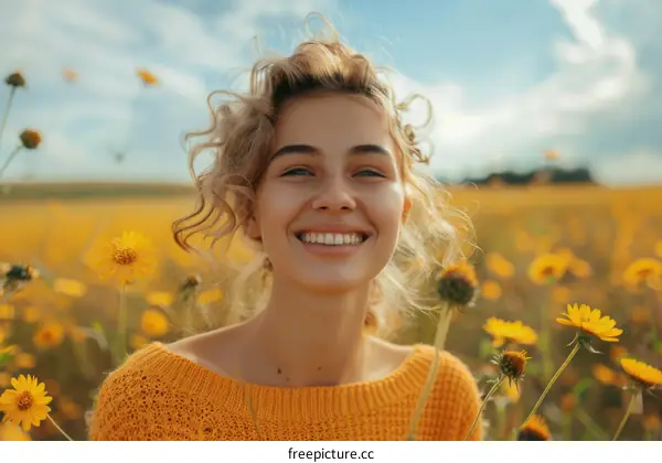 Smiling Woman in a Field of Yellow Flowers