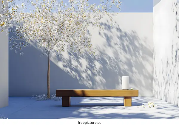 Minimalist Garden Bench with Blooming Cherry Blossom Tree