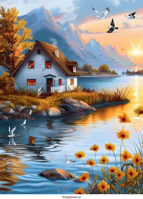 Mountain House With Sunset And Flowers