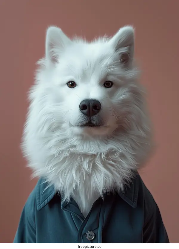A white fluffy dog wearing a blue shirt