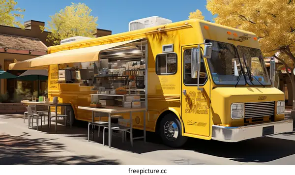 A yellow food truck is parked in a city.