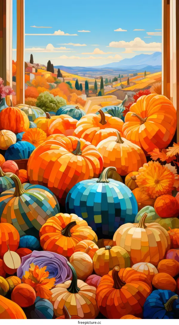 A colorful variety of pumpkins of various sizes fills the foreground of an open window. In the background is a rolling landscape of hills and trees.