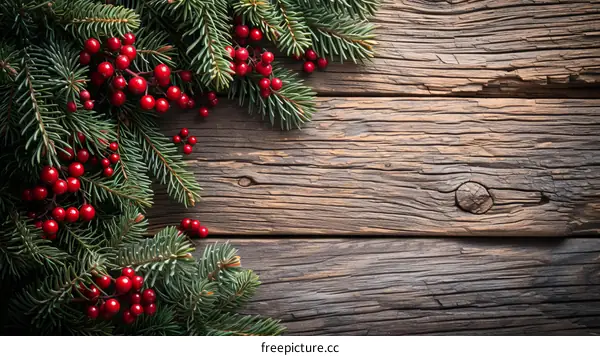 Christmas rustic background with fir tree branches and red berries