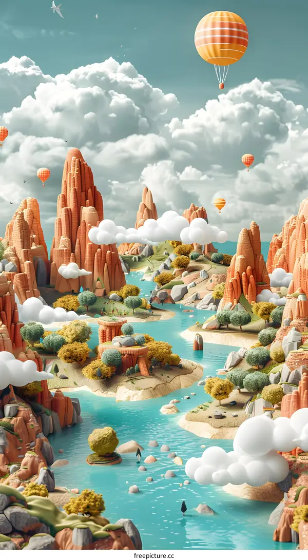 Fantasy Landscape with Hot Air Balloons and a River