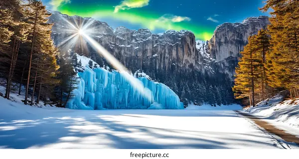 Frozen Waterfall in the Mountains With a Bright Green Aurora