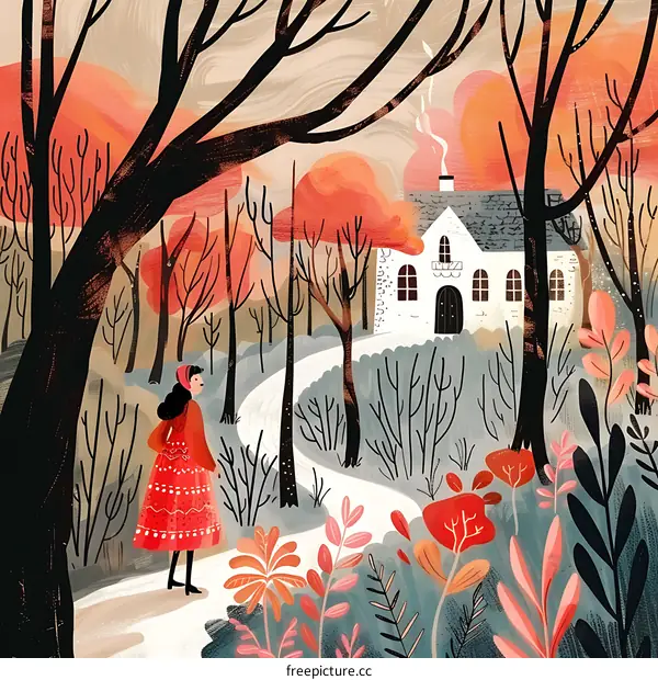 Woman Walking Through Forest Towards Cottage