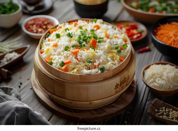 Vegetable Fried Rice in a Bamboo Steamer