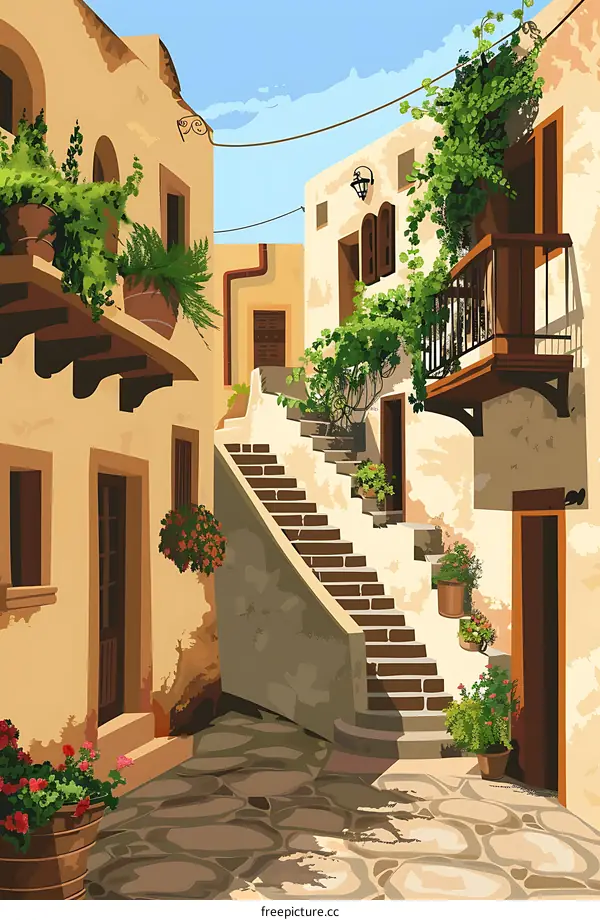 Beautiful Italian Village Street With Cobblestone Pathway