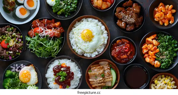 Variety of Asian Cuisine with Rice, Meat and Seafood
