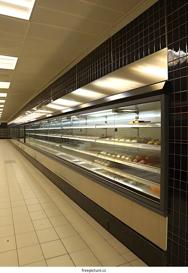 Empty Refrigerated Display Case in Supermarket Aisle