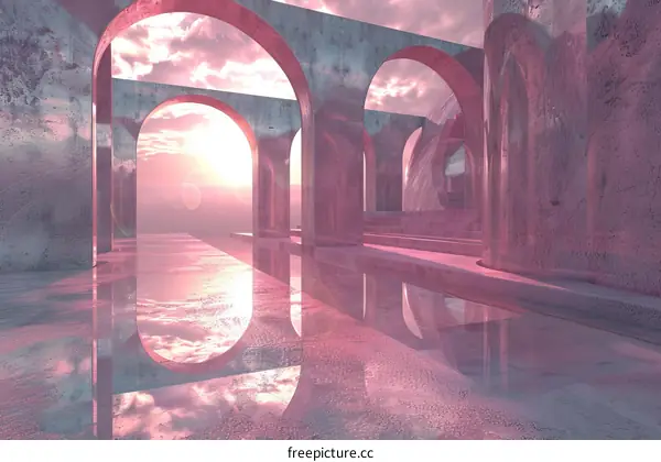 Surreal Landscape with Pink Sky and Desert Structure