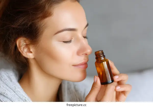 Woman smelling essential oil bottle close up