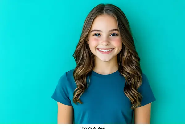Smiling Girl Portrait Against Teal Background