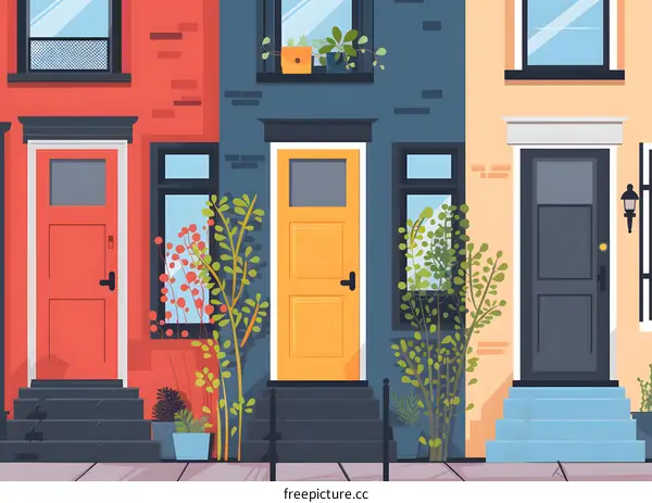 Colorful Doors in Row of Townhouses