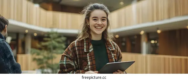 Smiling Woman Holding Tablet In Modern Building