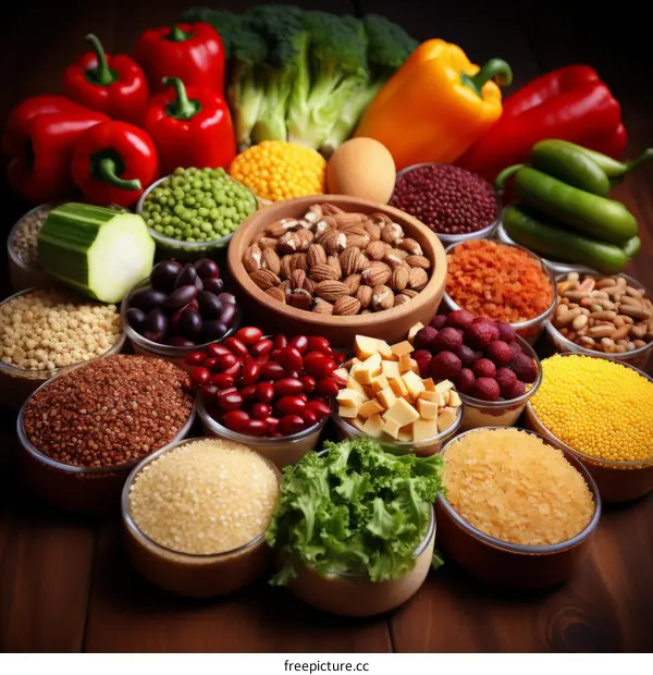 A variety of healthy food ingredients arranged on a wooden table