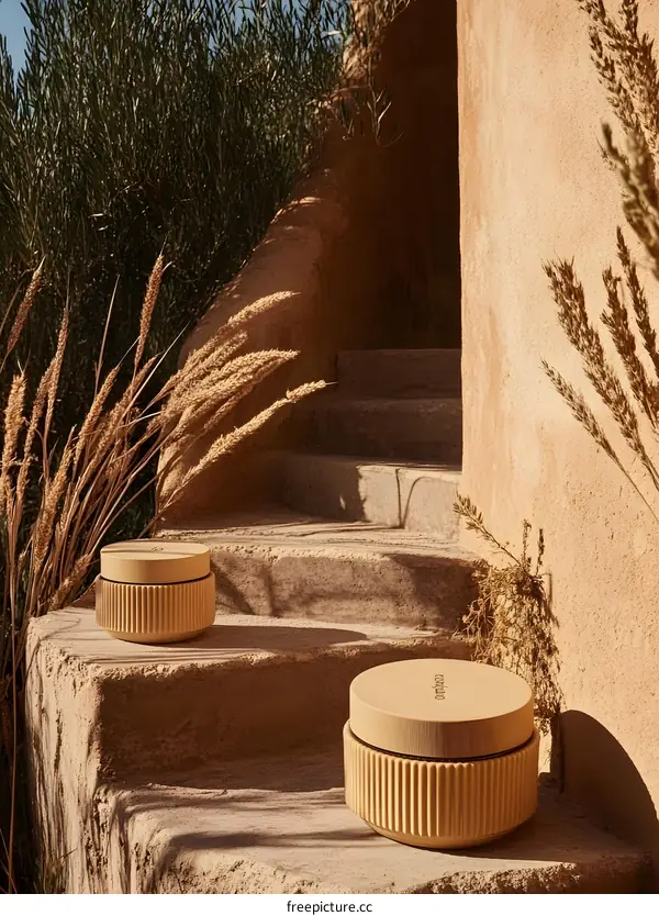 Beige Cylindrical Containers on Stone Steps
