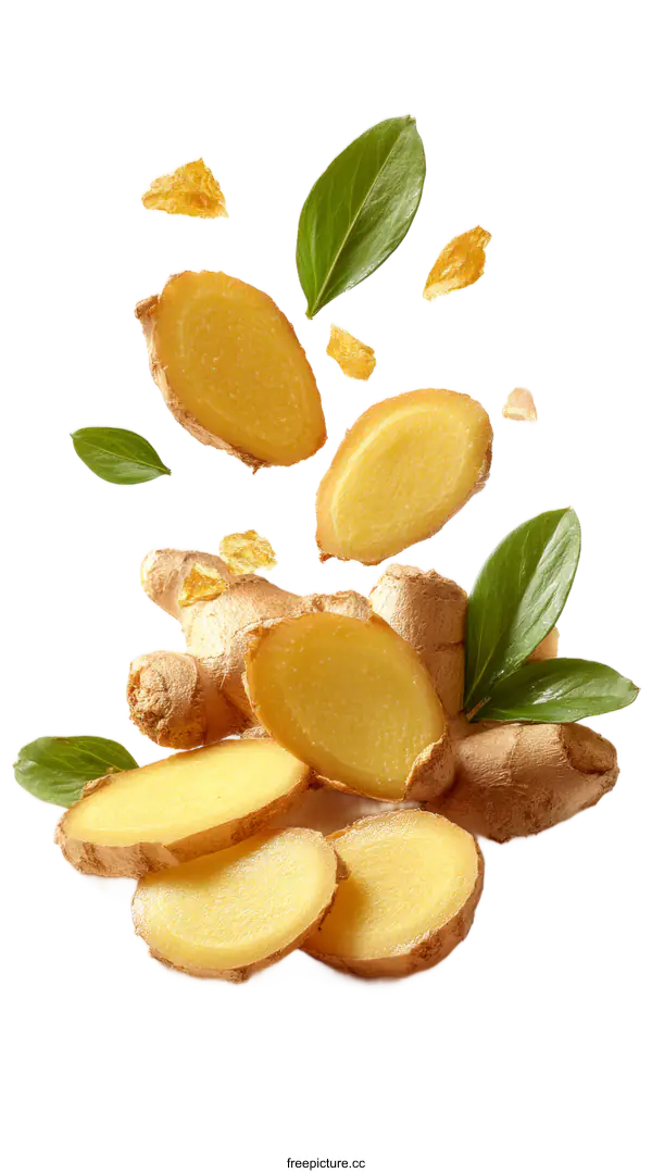 [Transparent Background PNG]Fresh Ginger Slices with Leaves and Pieces