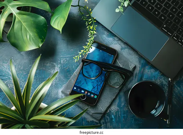Flat Lay of a Smartphone, Glasses, Laptop, and Plants on a Blue Surface