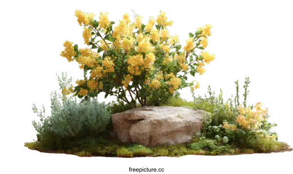 [Transparent Background PNG]Beautiful Springtime Garden with Yellow Flowers and Rock