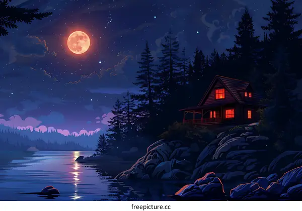 Night Forest Cabin Landscape with Full Moon and Stars