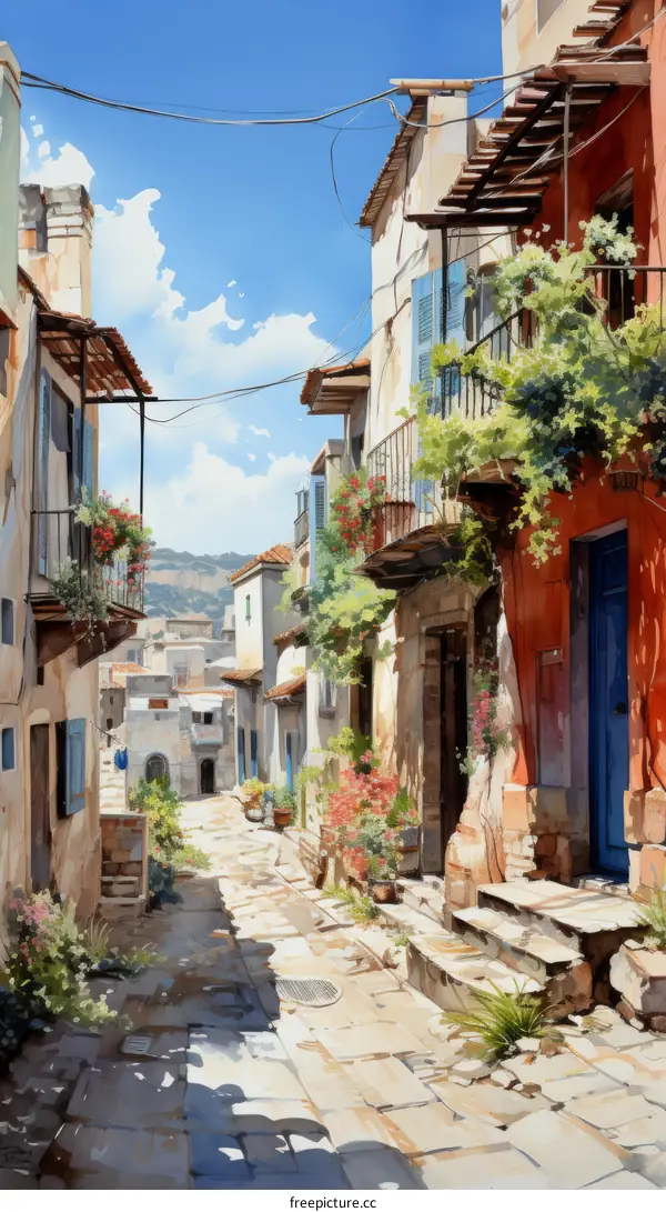 An illustration of a narrow street with colorful buildings and flowers