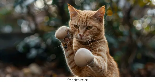 A ginger cat with boxing gloves is ready to fight