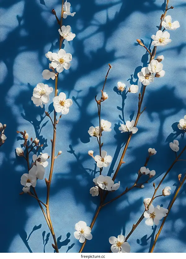 White Flowers On Blue Background With Shadows