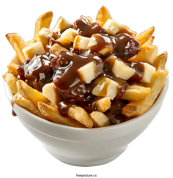 [Transparent Background PNG]A bowl of poutine, a Canadian dish consisting of french fries, cheese curds, and gravy.