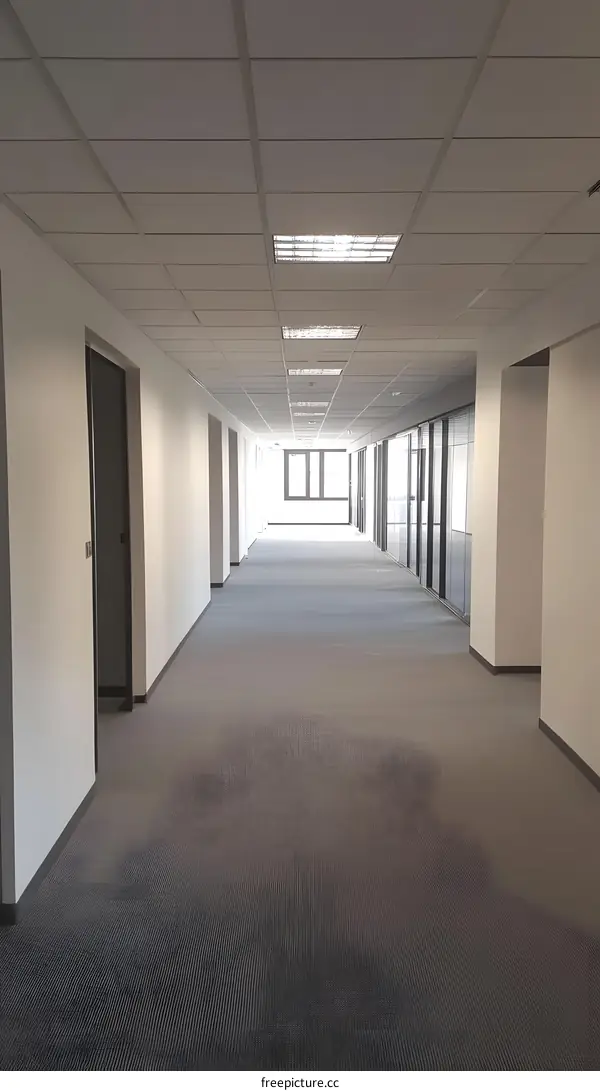 Empty Office Hallway with White Walls and Grey Carpet