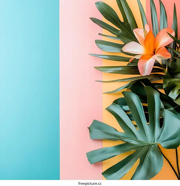 Tropical Leaf and Flower on Colorful Background