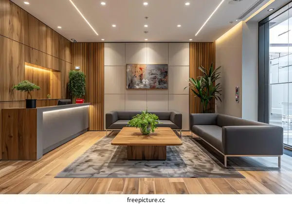 Office lobby interior design with wooden wall panel and modern furniture