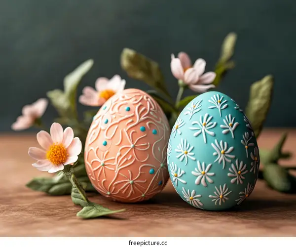 Two Decorated Easter Eggs with Flowers