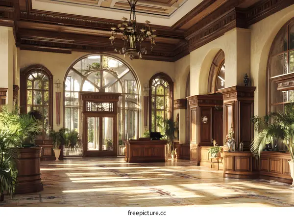 Grand Foyer with Large Windows and Wooden Details