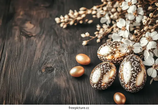 Easter Eggs and Blossoms on Dark Wooden Table