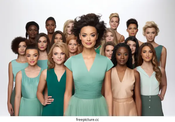 A group of diverse women in green dresses