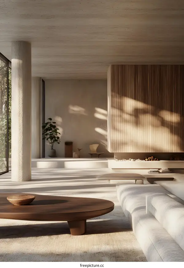 Modern Minimalist Living Room Design With Wooden Wall And Large Window