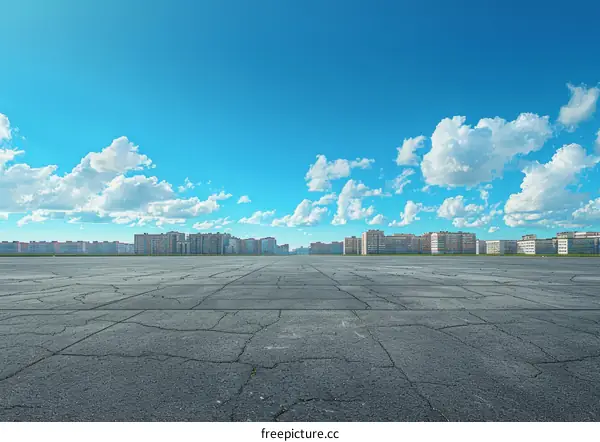 Modern Residential Buildings with Empty Asphalt Road and Blue Sky