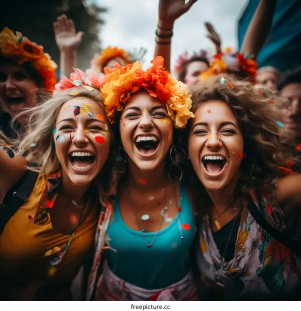 Three young women with flower garlands around their heads are laughing and cheering at a festival.