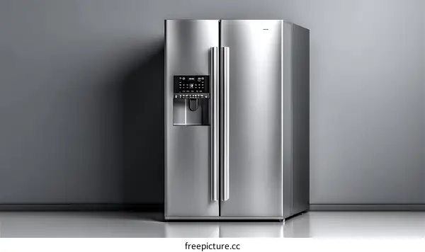Modern Stainless Steel Refrigerator Against Gray Wall