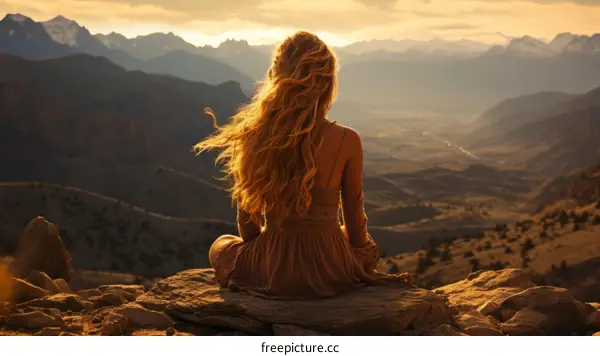 girl with long blond hair sitting on a rock and looking at the sunset