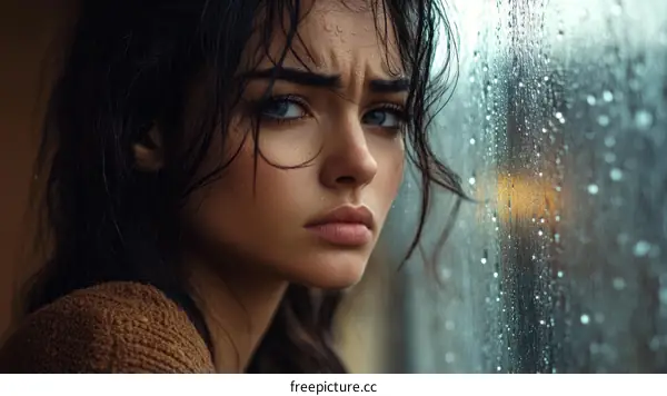 Close Up Portrait of a Woman by a Rainy Window