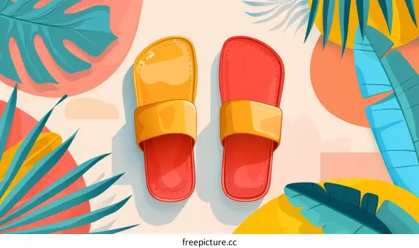 A pair of colorful slippers on a tropical background