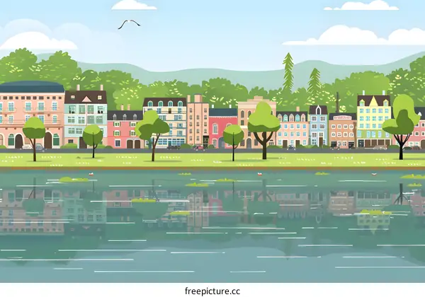 Cartoon Cityscape with River and Reflection