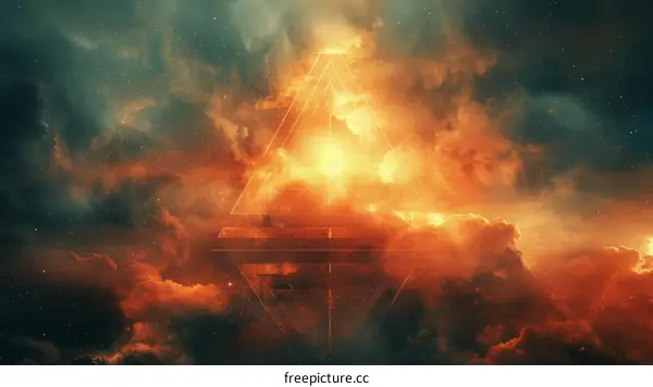 Fantasy landscape with a glowing triangle in the sky
