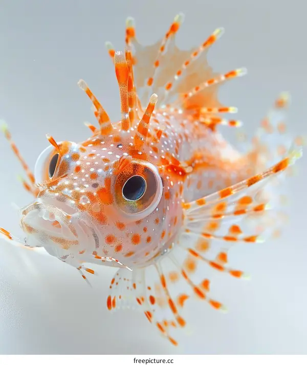 A close up of a red and white fish with large eyes and a spiky fin