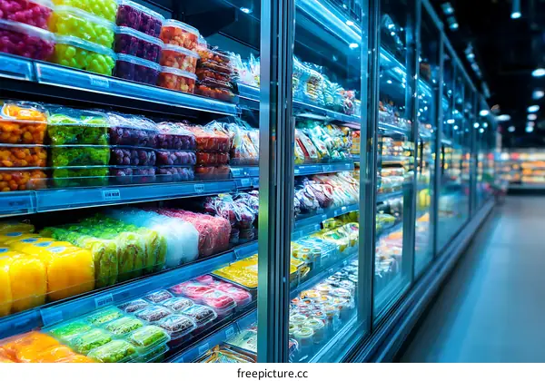 Colorful Grocery Refrigerated Cases with Food Items