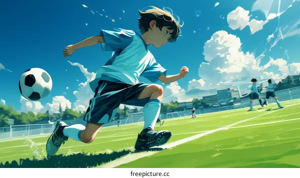 A boy is playing soccer in the field